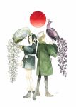  1boy 1girl bird bird_on_arm black_eyes black_footwear black_hair blonde_hair brown_footwear commentary_request facing_away flower full_body highres kamura_gimi long_sleeves original peacock ponytail purple_flower red_circle short_hair standing white_background white_flower 