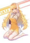  1girl :p absurdres alternate_costume apron bangs barefoot blonde_hair blush breasts character_name closed_mouth collared_shirt eyebrows_visible_through_hair girls_frontline green_eyes hair_between_eyes hairband hand_on_own_head highres ilja long_hair looking_at_viewer messy_hair orange_hairband revision s.a.t.8_(girls_frontline) shirt short_sleeves sidelocks simple_background sitting smile solo striped striped_shirt thighs tongue tongue_out very_long_hair wariza white_background wristband 