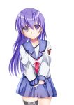  1girl absurdres angel_beats! artist_name bangs blue_skirt commentary_request eyebrows_visible_through_hair eyes_visible_through_hair girls_dead_monster hair_between_eyes highres irie_(angel_beats!) key_(company) leg_strap long_hair long_sleeves looking_at_viewer open_eyes open_mouth purple_eyes purple_hair ribbon school_uniform serafuku shinda_sekai_sensen_uniform shirt simple_background skirt solo standing thigh_strap upper_body very_long_hair watermark white_background white_shirt zuzuhashi 