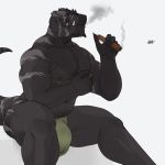  2019 big_arms big_bulge big_muscles big_pecs black_nipples black_skin bulge butt cigar claws dinosaur dripping fangs grey_skin grey_stripes hi_res holding_object looking_aside looking_at_viewer male muscular navel nipple_piercing nipple_pinch nipples pecs piercing pinch red_eyes reptile repzzmonster scalie signature simple_background sitting smile smoking solo stripes thick_thighs underwear_only wet white_background 