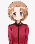  1girl bad_id bad_twitter_id bangs black_bow blue_eyes blush bow braid closed_mouth commentary epaulettes eyebrows_visible_through_hair frown girls_und_panzer hair_bow highres insignia jacket lips long_sleeves looking_at_viewer mamu_t7s military military_uniform orange_hair orange_pekoe parted_bangs red_jacket short_hair simple_background solo st._gloriana&#039;s_military_uniform tied_hair twin_braids uniform upper_body white_background 