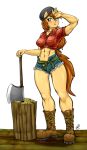  abs axe boots clothing denim_shorts equid equine female footwear hat hi_res horse lumberjack mammal melee_weapon pia-sama shirt shorts solo tree weapon 