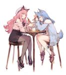  2girls ahoge animal_ear_fluff animal_ears animare bare_shoulders belt black_skirt blue_eyes blue_hair blue_jacket blush bowl braid chair chopsticks commentary_request dress eating food_in_mouth frown full_body hair_ornament hairclip hat heart heart_hair_ornament high_heels highres holding holding_bowl holding_chopsticks jacket junwool long_hair medium_hair multiple_girls off-shoulder_sweater off_shoulder open_clothes open_jacket pantyhose pink_cardigan pink_dress pink_eyes pink_hair ribbon-trimmed_legwear ribbon_trim simple_background single_braid sitting sketch skirt sleeveless sleeveless_turtleneck socks souya_ichika sweater table tail tied_sleeves turtleneck umori_hinako very_long_hair white_background white_legwear wide_sleeves 