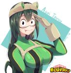  1girl :&gt; absurdres asui_tsuyu beige_gloves black_eyes black_hair blush bodysuit boku_no_hero_academia breasts character_name commentary copyright_name english_text frog_girl gloves goggles goggles_on_head green_hair hair_between_eyes hair_rings highres large_breasts long_hair looking_at_viewer lovesexieie low-tied_long_hair simple_background smile solo tongue tongue_out 