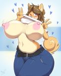  &lt;3 anthro areola belt big_breasts blue_eyes blush breasts brown_hair canid canine canis cewljoke chest_tuft clothed clothing domestic_dog female hair hi_res huge_breasts jeans june_(jinu) mammal navel one_eye_closed pants pulling_up_shirt shiba_inu simple_background slightly_chubby smile solo tuft v-signs wink 