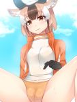 1girl animal_ears antlers blush breasts brown_hair buruma cameltoe closed_mouth cloud extra_ears eyebrows_visible_through_hair jacket kemono_friends looking_at_viewer medium_breasts pointing pronghorn_(kemono_friends) shiny shiny_clothes shiny_hair short_hair sky smile solo spread_legs sweat totokichi track_jacket 
