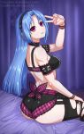  5pb_(neptune_series) adapted_costume ass bare_shoulders black_legwear blue_hair breasts commentary detached_collar english_commentary grin headphones idol indoors jyu_ichi long_hair looking_at_viewer looking_back medium_breasts midriff mole mole_under_eye musical_note musical_note_print neptune_(series) on_bed pink_eyes purple_eyes sitting sitting_on_bed smile thighs torn_clothes torn_legwear v_over_eye 