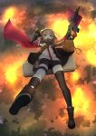  1girl asymmetrical_legwear backlighting bag bangs black_legwear black_shorts blonde_hair boots brown_bag brown_footwear brown_jacket commentary cross-laced_footwear explosion falling full_body girls_frontline gloves gun hairband highres holding holding_gun holding_weapon jacket kneehighs leg_strap looking_at_viewer open_clothes open_jacket open_mouth pouch radio red_eyes red_scarf satchel scarf scw_(girls_frontline) scw_(gun) short_hair short_shorts shorts single_kneehigh single_thighhigh smile solo thigh_pouch thighhighs vikpie weapon 
