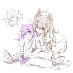 animal_humanoid blush brown_hair canid canine canis clothed clothing domestic_dog duo female female/female footwear hair hi_res human humanoid japanese_text long_hair mammal nervous open_mouth purple_eyes purple_hair red_eyes shoes silinder simple_background sweat text white_background シリンダ 