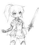  1girl camel_(dansen) cape cecil_(mon-musu_quest!) elbow_gloves female gloves lowres mon-musu_quest! monochrome open_mouth ponytail solo sword weapon 