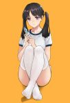  1girl ass bangs black_hair blue_buruma bottle breasts buruma collarbone feet full_body gym_uniform hands_up highres holding holding_bottle knees_up long_hair looking_at_viewer medium_breasts mole mole_under_eye no_shoes orange_background original parted_bangs parted_lips purple_eyes qian_yuan shadow shirt short_sleeves simple_background sitting smile solo thighhighs twintails water_bottle white_legwear white_shirt 