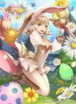  1girl animal_ears blonde_hair blue_sky breasts bunny_ears bunny_tail cleavage cleavage_cutout company_name copyright_name day dress easter_egg egg fake_animal_ears fake_tail fire_emblem fire_emblem_cipher fire_emblem_heroes flower full_body gloves grail grass green_eyes high_heels holding kurosawa_tetsu long_hair medium_breasts nintendo official_art open_mouth outdoors ponytail see-through sharena short_dress sky solo tail white_gloves white_legwear 