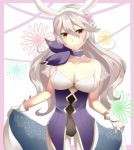  1girl alternate_costume animal_ears ary_fehdqx breasts bunny_ears choker cleavage fake_animal_ears female_my_unit_(fire_emblem_if) fire_emblem fire_emblem_heroes fire_emblem_if flower frilled_choker frills gloves hair_flower hair_ornament highres long_hair medium_breasts my_unit_(fire_emblem_if) nintendo parted_lips pointy_ears red_eyes solo white_gloves white_hair white_legwear 