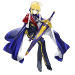  1girl absurdres ahoge artoria_pendragon_(all) avalon_(fate/stay_night) bangs blonde_hair blue_ribbon cape closed_mouth excalibur fate/stay_night fate_(series) green_eyes highres holding holding_sword holding_weapon kou_mashiro legs_crossed long_hair long_sleeves looking_at_viewer military military_uniform ribbon saber sash sheath sidelocks simple_background smile solo sword uniform weapon white_background 