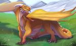  big_muscles claws dragon feral field gold_scales grass hi_res horn long_tail male mountain muscular outside qwertydragon scalie solo standing valeryn_brightscale wings yellow_eyes 