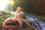  1girl anna_o_renko bare_shoulders blush bra breasts censored cropped day forest hair_between_eyes hair_ornament hairclip lamia landscape lips long_hair looking looking_at_viewer miia_(monster_musume) monster_girl monster_musume_no_iru_nichijou moss nature navel outdoors panties photo photo_background plant pointy_ears red_hair rock safe_mode scales scenery sitting sitting_on_object sitting_on_rock slit_pupils snake_tail solo sunlight tail underwear water waterfall watermark yellow_eyes 