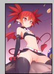  1girl armpits bat blush bracelet disgaea earrings etna eyebrows_visible_through_hair girl_on_top gloves jewelry navel pink_eyes pointy_ears pussy red_hair ring shiny shiny_skin short_hair skull sleeved_gloves smile stockings sweat sweatdrop tail thighs trembling uncensored waero wings 