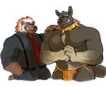  anthro barely_visible_genitalia biceps bulge canid canine clothed clothing collar duo fully_clothed hyenaface jockstrap male mammal muscular muscular_male mustelid musteline necktie pants pecs simple_background smile spiked_collar spikes suspenders underwear white_background wolverine won_(madcow100) 