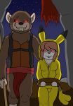  anthro armor brown_fur captured cave clothed clothing emma_(chocochu) female fur glowing grin hair hi_res kigurumi loincloth male mammal mouse rat ratmen rodent scared simple_background size_difference smile weapon wildwolfproduction 
