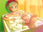  1girl :o barefoot bath bathing bathtub bubble_bath collarbone feet female headband indoors mitake_eiru nude original partially_submerged pawoo_username red_hair short_hair soles solo toes water wet 