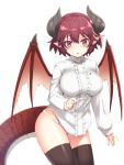  1girl black_legwear blush breasts commentary_request dot_nose dragon_girl dragon_horns dragon_tail dragon_wings eyebrows_visible_through_hair granblue_fantasy grea_(shingeki_no_bahamut) hair_between_eyes horns large_breasts long_sleeves looking_at_viewer manaria_friends osa_(osaosa) panties pointy_ears red_eyes shingeki_no_bahamut shirt short_hair simple_background solo tail thighhighs torn_wings underwear white_background white_panties white_shirt wings 