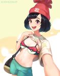  1girl artist_name bag beanie black_hair bra breasts cowboy_shot creatures_(company) floral_print game_freak green_shorts hat koshio lifted_by_self looking_at_viewer messenger_bag mizuki_(pokemon) nintendo open_mouth outstretched_arm poke_ball pokemon self_shot shirt shirt_lift short_hair shorts shoulder_bag small_breasts smile solo t-shirt underwear 