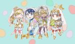  2boys 2girls alfonse_(fire_emblem) animal_ears blonde_hair blue_eyes blue_hair brother_and_sister bunny_ears chibi closed_mouth dark_skin dark_skinned_male dress easter_egg egg eyes_closed fake_animal_ears fire_emblem fire_emblem_heroes flower gloves grey_hair hair_flower hair_ornament holding holding_spoon holding_staff long_hair long_sleeves mask multiple_boys multiple_girls mysterious_man_(fire_emblem) nintendo open_mouth red_eyes sharena short_dress short_hair siblings spoon staff tnka_3 veronica_(fire_emblem) white_gloves white_legwear 