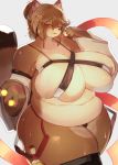  5_fingers abstract_background anthro big_breasts breast_squish breasts brown_fur brown_hair canid canine clothed clothing female fur hair huge_breasts kemono kyuuri looking_at_viewer mammal mature_female navel open_mouth raccoon_dog red_eyes skimpy smile solo tanuki voluptuous 
