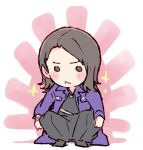  1girl akb48 black_eyes black_hair black_hakama black_shirt blush chibi commentary_request frown hakama japanese_clothes kizaki_yuria long_hair long_jacket long_sleeves no_bangs purple_coat real_life shirt solo sparkle squatting sunburst taneda_yuuta yankee 