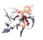  1girl ahoge ak-103 animal_ear_fluff animal_ears ass assault_rifle asymmetrical_legwear bangs blonde_hair blue_coat blue_eyes blue_swimsuit boots breasts brown_legwear coat damaged eyebrows_visible_through_hair facial_mark fang floating_hair girls_frontline grey_footwear gun hair_between_eyes hand_up handgun heart high_heel_boots high_heels holster holstered_weapon long_hair looking_at_viewer mechanical_hand messy_hair one_eye_closed open_clothes open_coat open_mouth original rifle sidelocks simple_background single_thighhigh skindentation sleeveless_coat smile solo star swimsuit tattoo thigh_holster thigh_strap thighhighs torn_clothes torn_coat torn_swimsuit tsuki_no_i-min underbust very_long_hair wavy_hair weapon wing_collar 