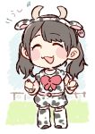  1girl :3 :d ^_^ akb48 animal_costume animal_ears animal_print belt black_hair blush bow bowtie clenched_hands closed_eyes commentary_request cow_costume cow_ears cow_horns cow_print ear_tag eyes_closed full_body horns kawamoto_saya long_hair open_mouth print_legwear print_shirt print_shorts real_life red_neckwear shirt shorts smile solo standing taneda_yuuta twintails wristband 