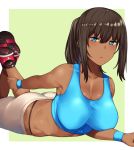  1girl bangs beige_shorts bike_shorts black_hair black_panties blue_eyes blue_shirt breasts collarbone dark_skin hai_ookami hand_on_own_leg highleg highleg_panties large_breasts legs looking_at_viewer lying on_stomach original outside_border panties parted_lips shirt shoes simple_background solo stretch tan tank_top underwear wristband 