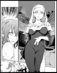  2girls ahoge architecture bangs blush breasts collarbone comic dress emphasis_lines eyes_closed facial_mark fate/extra fate/extra_ccc fate/grand_order fate_(series) fujimaru_ritsuka_(female) greyscale hand_on_own_stomach highres horns interior jojo_no_kimyou_na_bouken long_sleeves looking_at_viewer medium_hair monochrome multiple_girls nun parody revealing_clothes ribbon sesshouin_kiara side_slit sitting smile syatey tattoo thighhighs uniform veil wariza wavy_hair 