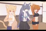  5_fingers anthro big_breasts black_skirt blonde_hair breast_envy breasts brown_fur brown_hair canid canine eyes_closed felid feline female fox fur grey_fur grey_hair hair kemono kyuuri long_hair mammal open_mouth raised_arm red_eyes red_glasses small_breasts smile standing yellow_eyes yellow_fur 