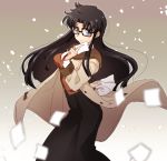  1girl black_hair blue_eyes breasts glasses hat0mg long_hair long_skirt long_sleeves looking_at_viewer messy_hair necktie open_clothes paper read_or_die red_neckwear shirt skirt smile solo yomiko_readman 