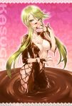  1girl achan_(blue_semi) bare_hips blonde_hair blush bodysuit breasts center_opening chocolate chocolate_clothes chocolate_on_breasts food highres kasuga_(sengoku_basara) large_breasts long_hair navel ninja sengoku_basara solo very_long_hair yellow_eyes 