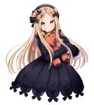  1girl abigail_williams_(fate/grand_order) bangs black_bow black_dress black_headwear blonde_hair blue_eyes bow dress fate/grand_order fate_(series) frown hair_bow hat highres long_hair long_sleeves looking_at_viewer object_hug orange_bow parted_bangs polka_dot polka_dot_bow simple_background sleeves_past_fingers sleeves_past_wrists solo ssumbi stuffed_animal stuffed_toy teddy_bear upper_body very_long_hair white_background 