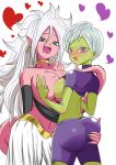  2girls android_21 ass ass_grab blue_eyes breast_press breasts chirai cleavage detached_sleeves dragon_ball dragon_ball_fighterz dragon_ball_super dragon_ball_super_broly drooling earrings green_skin harem_pants heart highres hoop_earrings jewelry kazenoyobou large_breasts long_hair looking_at_viewer majin_android_21 messy_hair multiple_girls nail_polish naughty_face no_bra open_mouth pants pink_skin pointy_ears purple_eyes saliva shirt_lift short_hair shorts sideboob simple_background standing tail undressing very_long_hair white_hair yuri 