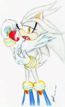  2009 clothing food footwear fruit gloves hi_res male mammal shilumi shoes silver_the_hedgehog solo sonic_(series) strawberry traditional_media_(artwork) yellow_eyes 