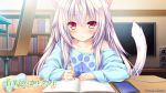  1girl ai_(wakaba_iro_no_quartet) animal_ear_fluff animal_ears artist_request book bookshelf cat_ears cat_tail chair copyright_name desk expressionless highres long_hair lump_of_sugar off_shoulder pencil pencil_case red_eyes silver_hair sleeves_past_wrists speaker sweater tablet_pc tail television wakaba_iro_no_quartet 