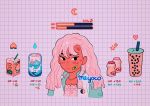  1girl artist_name bandaid bangs black_eyes bubble_tea can crescent_moon crescent_necklace dark_skin drinking_straw food fruit grid_background half_moon heart jewelry juice_box liquid long_hair meyoco moon necklace original peach pink_hair solo star transparent upper_body waves 