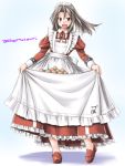  1girl alternate_costume apron brown_eyes dress egg enmaided frilled_apron frilled_dress frills full_body grey_hair kantai_collection loafers long_hair looking_at_viewer maid maid_headdress open_mouth red_dress red_footwear shoes skirt_basket solo tatsumi_ray twitter_username white_apron zuihou_(kantai_collection) 