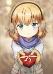  1girl bangs blonde_hair blue_eyes blue_scarf blurry blurry_background blush box casual closed_mouth commentary earmuffs eyebrows_visible_through_hair foreshortening frown gift girls_und_panzer grey_coat heart-shaped_box highres holding holding_gift katyusha long_sleeves looking_at_viewer scarf shibagami short_hair solo standing upper_body valentine yellow_mittens 