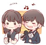  2girls :3 :d akb48 bangs black_eyes black_hair black_shirt black_vest blush bow bowtie chibi holding holding_microphone long_hair long_sleeves microphone mole mole_under_mouth multiple_girls murayama_yuiri music o_o okada_nana open_mouth real_life shirt short_hair short_sleeves singing smile symbol_commentary taneda_yuuta u_u upper_body vest white_neckwear white_shirt 