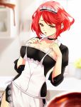  1girl alternate_costume apron bangs blurry breasts chocolate collar commentary commentary_request english_commentary esther eyebrows_visible_through_hair hair_ornament headpiece homura_(xenoblade_2) indoors kitchen large_breasts looking_at_viewer maid maid_apron maid_dress maid_headdress nintendo open_mouth red_eyes red_hair short_hair solo swept_bangs tiara xenoblade_(series) xenoblade_2 