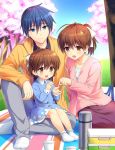  1boy 2girls antenna_hair blue_dress blue_eyes blue_hair bow brown_eyes brown_hair cherry_blossoms clannad commentary_request day dress family father_and_daughter full_body furukawa_nagisa fuyuichi hair_bow hair_ribbon husband_and_wife mother_and_daughter multiple_girls official_art okazaki_tomoya okazaki_ushio outdoors ponytail ribbon short_hair socks spoilers thermos tree white_legwear white_ribbon 