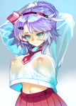  1girl absurdres aqua_eyes arms_up blush breasts character_request commentary_request copyright_request erect_nipples gloves gradient gradient_background highres large_breasts long_sleeves midriff navel necktie nipples ponytail puribate_(helgoland) purple_hair red_neckwear red_skirt sailor_collar sailor_shirt see-through shirt skirt solo white_gloves 