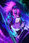 1girl akali asymmetrical_clothes baseball_cap black_choker bodypaint choker commentary english_commentary hand_on_hip hat high_ponytail jacket jewelry k/da_(league_of_legends) k/da_akali league_of_legends lips long_hair looking_at_viewer midriff muju necklace nose pants parted_lips ponytail purple_hair single_pantsleg solo spray_paint ultraviolet_light yellow_eyes 