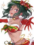  1girl :d bangs bell bell_choker breasts choker christmas cleavage collarbone dark_green_hair dark_skin earrings elbow_gloves eyebrows_visible_through_hair flower fur-trimmed_gloves fur_trim gloves green_hair hibiscus idolmaster idolmaster_cinderella_girls jewelry kakitsubata_zero looking_at_viewer medium_breasts natalia_(idolmaster) navel open_mouth outstretched_arms pom_pom_(clothes) purple_eyes red_choker red_flower red_gloves short_hair simple_background smile solo sparkle teeth white_background 