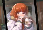  1girl bangs blunt_bangs blurry blurry_background coffee_cup collar commentary cup disposable_cup english_text eyebrows_visible_through_hair girls_und_panzer grin half-closed_eyes holding holding_cup kiya_hajime long_hair looking_at_viewer merry_christmas orange_eyes orange_hair phone_screen pose scarf smile solo standing steam takebe_saori v viewfinder white_collar yellow_scarf 